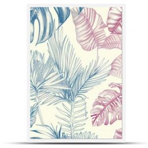 A repeating pattern of detailed botanical line drawings of exotic plants from old-world explorations, colored in subdued tropical hues.