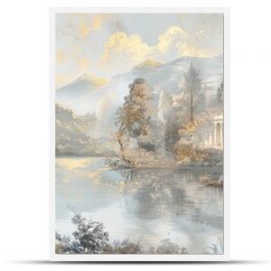 Baroque mural of a countryside scene in muted tones and gold on a soft backdrop