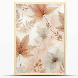 A delicate and airy design featuring translucent, watercolored leaves in soft amber, blush, and ivory tones, floating against a pearlescent background. 