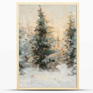 Serene winter landscape featuring fir trees dusted with snow in soft greens and warm golden lights