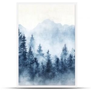 Serene mountain landscape painting, foggy forest and misty peaks misty