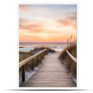 Empty wooden walkway on the ocean coast in the sunset time, pathway to beach, Generative AI illustration