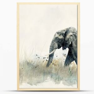 Watercolor Illustration of an Elephant Walking. Quiet Grassland Setting.