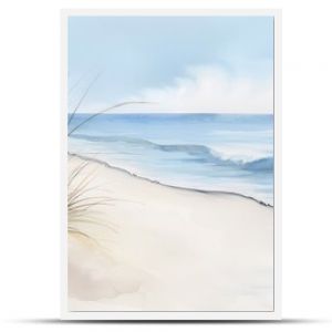 A serene beach scene rendered in watercolor, showing the fluid transitions between colors, soft brush techniques, and the artist's palette capturing the essence of the seaside