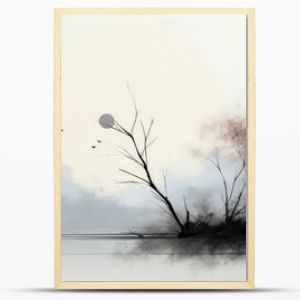 Minimalist landscape with trees, birds, and soft pastel tones