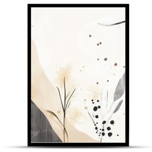 Abstract botanical design features delicate plants and organic shapes in muted colors on a textured background