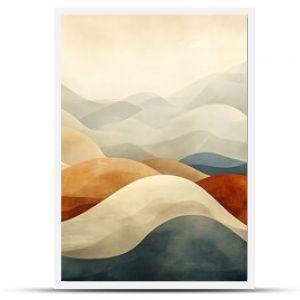 Abstract watercolor landscape of rolling hills in muted earth tones.