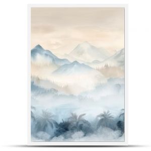 Serene watercolor landscape of misty mountains and palm trees with soft, muted tones, creating a peaceful and tranquil scene.