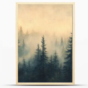 Vintage-inspired misty landscape, with a dense fir forest under a soft haze, evoking a sense of mystery and nostalgia.