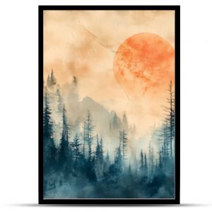 Forest landscape on retro paper texture, nature background