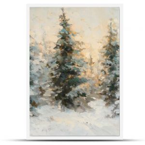 Serene winter landscape featuring fir trees dusted with snow in soft greens and warm golden lights