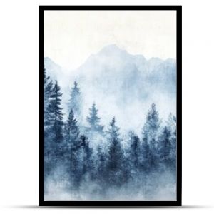 Serene mountain landscape painting, foggy forest and misty peaks misty