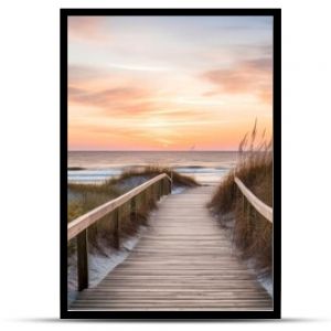 Empty wooden walkway on the ocean coast in the sunset time, pathway to beach, Generative AI illustration