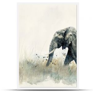 Watercolor Illustration of an Elephant Walking. Quiet Grassland Setting.