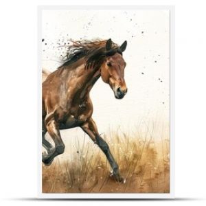 Watercolor Illustration of a Horse in Full Gallop. Serene and Dynamic Scene in Natural Hues.