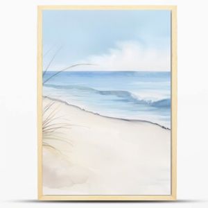 A serene beach scene rendered in watercolor, showing the fluid transitions between colors, soft brush techniques, and the artist's palette capturing the essence of the seaside