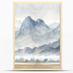 Serene watercolor painting of a misty mountain landscape, capturing tranquil beauty and natural harmony in soft, muted tones.