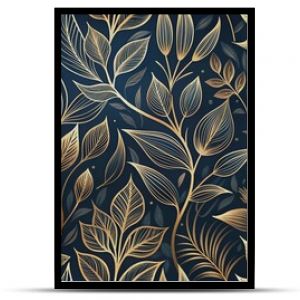 Elegant floral organic texture wallpaper illustration featuring intricate gold line art leaves on a dark, mysterious background with a seamless repeating pattern.