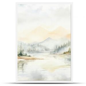 Watercolor painting beautiful landscape lake foreground surround