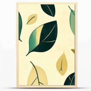 Seamless pattern of green and yellow leaves on a beige background