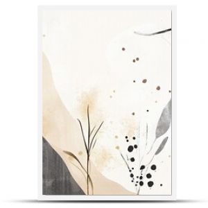 Abstract botanical design features delicate plants and organic shapes in muted colors on a textured background