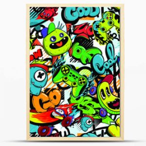 Abstract seamless cartoon pattern for kids, teenagers, fashion textile, clothes, wrapping paper. Repeated print with monsters doodle characters, graffiti text, gamepad, skateboard.