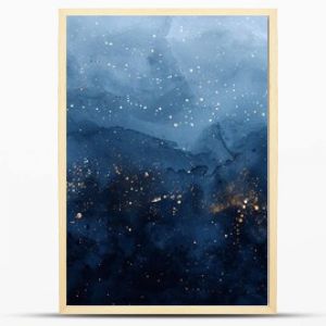 starry night sky, with deep indigo and black watercolor washes, dotted with fine specks of white and gold to represent distant stars