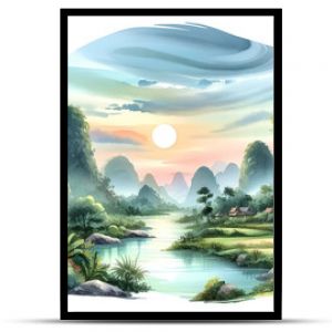 Watercolor pictures of rivers, trees, mountains, sun, beautiful evening views