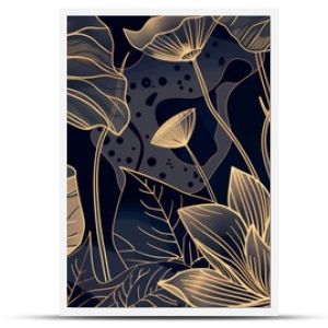 Elegant hand-drawn botanical leaves and gradient gold lotus flowers line art with tropical foliage for luxury background design