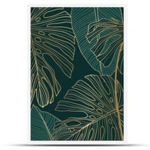 Luxury gold and green nature vector background. Floral pattern, tropical plant with golden split leaves with monstera plant line art, vector illustration.