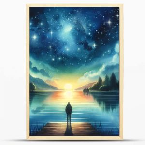 Watercolor painting of a man sitting on a lake shore, looking up at the starry night sky