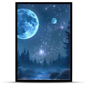 A moody forest landscape with a night sky featuring stars and a large blue moon along with planets. Incorporate a few galaxies into the sky.