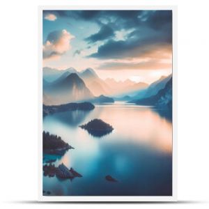 A tranquil lake surrounded by towering mountains.