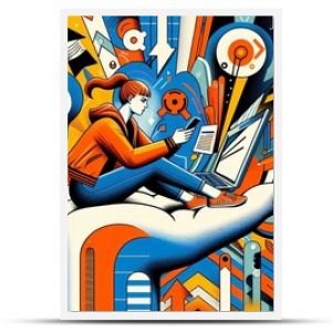 "The image portrays a young woman working on a laptop while sitting on a giant hand, set against a dynamic backdrop of geometric shapes and patterns. The vibrant colors and abstract elements evoke a s