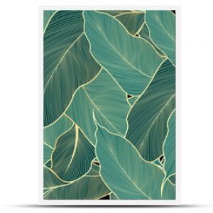 Luxury leaves wallpaper design gold and nature green background vector. Hand drawn linear golden abstract leaves. Vector Illustration