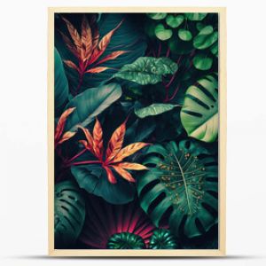 Lush colorful tropical leaves, dark background. AI