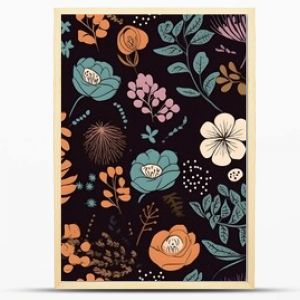 Seamless Сontemporary Spring Floral Pattern. Hand-drawn illustration. Flowers on black background. Decor, wallpaper, textile. Scandinavian design. Generative Ai.