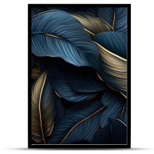 Dark blue and gold tropical leaves Exotic background, Ai Generated