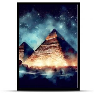 Watercolor painting of the pyramids of ​​giza at night