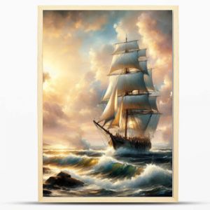 Watercolor painting of a tall sailboat sailing on the ocean