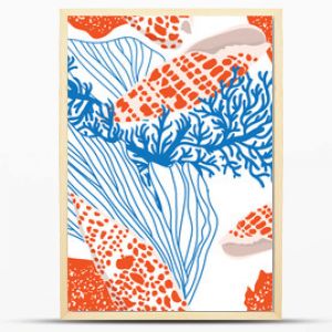 Сontemporary seamless pattern with shells, algae and corals. Hand-drawn vector illustration for printing, fabric, textile, manufacturing, wallpapers. Sea bottom