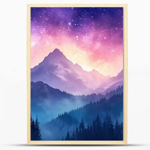 Vibrant watercolor night sky featuring stars, mountains, and silhouetted trees, creating a serene and magical atmosphere.