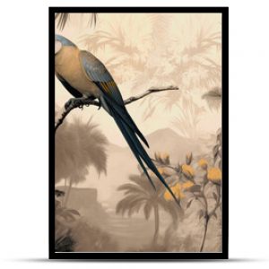 Parrot sitting on branches in a rainforest, vintage illustration on light brown background in boho style