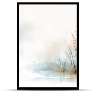 Watercolor painting of grass and reeds by the water landscape scenery nature tranquil serene peaceful misty hazy atmospheric soft delicate muted tones gentle colors ethereal dreamy calming meditative