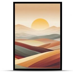 stylized landscape with sunset over rolling hills 