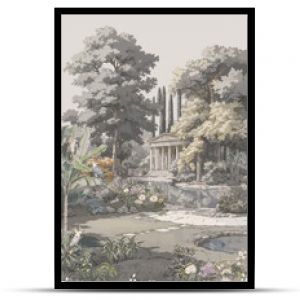 Ancient Greek garden with Parthenon in the distance landscape illustration in muted colors