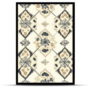 Geometric pattern of diamond shapes with floral designs in muted colors creates an intricate textile design suitable for various decor styles