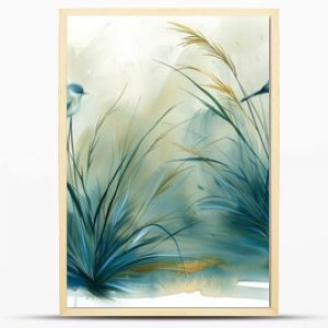 Two small blue birds sit on tall grassy plants, surrounded by soft, muted colors. The peaceful environment evokes a sense of calm and tranquility, illustrating the beauty of nature.