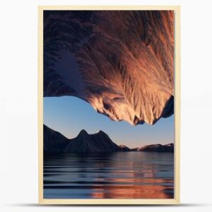 3d render, futuristic landscape with cliffs and water. Modern minimal abstract background. Spiritual zen wallpaper with sunset or sunrise light