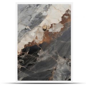 Closeup of Volcanic Rhyolite with a matte, dull texture and a muted color palette of grey, brown, and black.